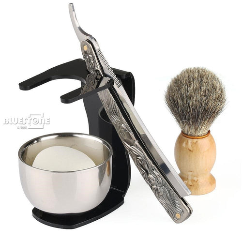 5 in 1 Barber Shaving Set ( Knife Straight Razor +  Brush + Black Stand + Bowl + Soap )