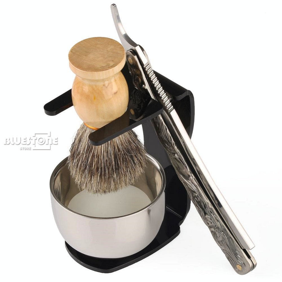 5 in 1 Barber Shaving Set ( Knife Straight Razor +  Brush + Black Stand + Bowl + Soap )